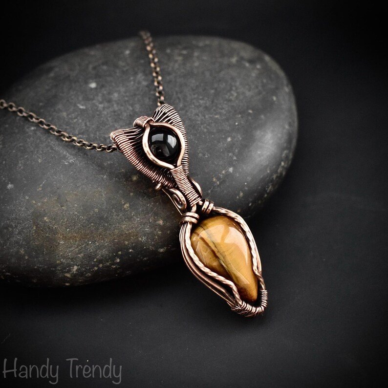 Yellow tiger eye and black onyx pendant, Copper wire wrapped necklace, Unique handmade gift, One of a kind artisan pendant