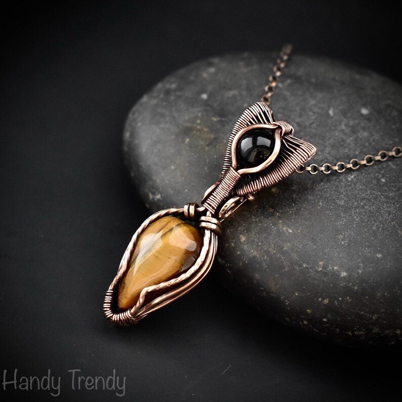 Yellow tiger eye and black onyx pendant, Copper wire wrapped necklace, Unique handmade gift, One of a kind artisan pendant