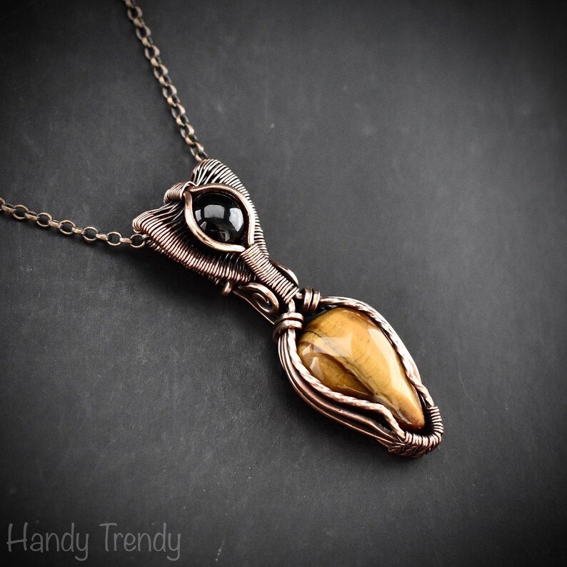 Yellow tiger eye and black onyx pendant, Copper wire wrapped necklace, Unique handmade gift, One of a kind artisan pendant