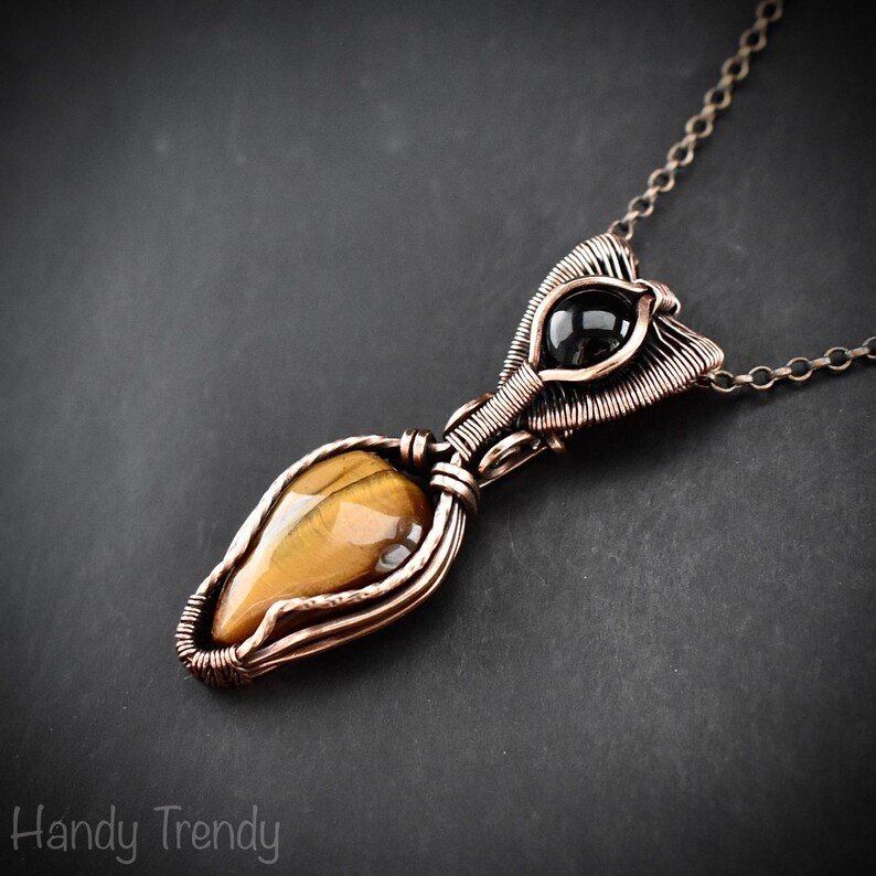 Yellow tiger eye and black onyx pendant, Copper wire wrapped necklace, Unique handmade gift, One of a kind artisan pendant
