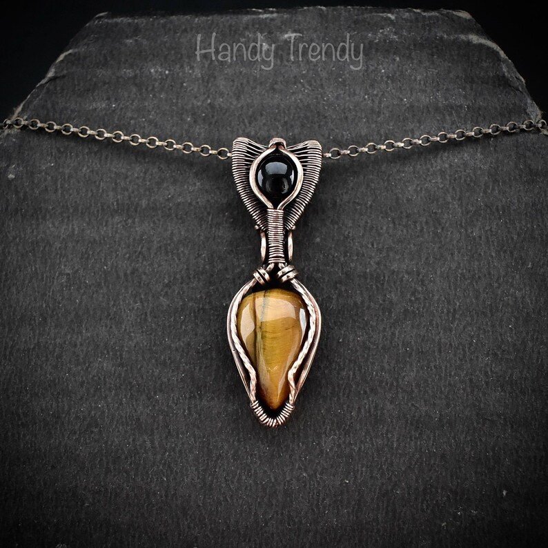 Yellow tiger eye and black onyx pendant, Copper wire wrapped necklace, Unique handmade gift, One of a kind artisan pendant