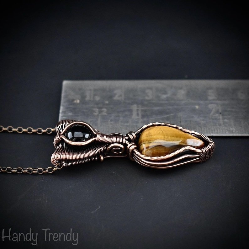 Yellow tiger eye and black onyx pendant, Copper wire wrapped necklace, Unique handmade gift, One of a kind artisan pendant