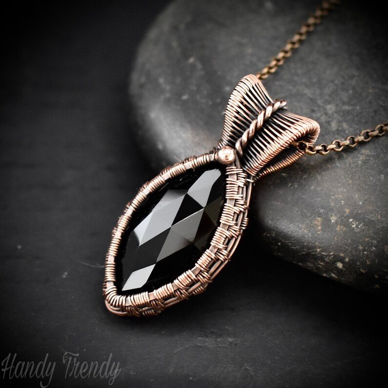 Black onyx pendant, Copper wire wrapped necklace, Unique handmade gift, One of a kind artisan boho jewelry, Small pendant