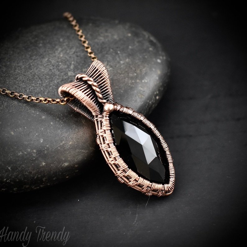 Black onyx pendant, Copper wire wrapped necklace, Unique handmade gift, One of a kind artisan boho jewelry, Small pendant