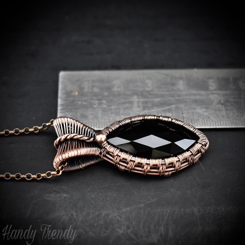 Black onyx pendant, Copper wire wrapped necklace, Unique handmade gift, One of a kind artisan boho jewelry, Small pendant