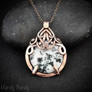 Moss agate pendant, Copper wire wrapped free-flow necklace, Unique handmade gift, Artisan necklace, Green and white mix necklace