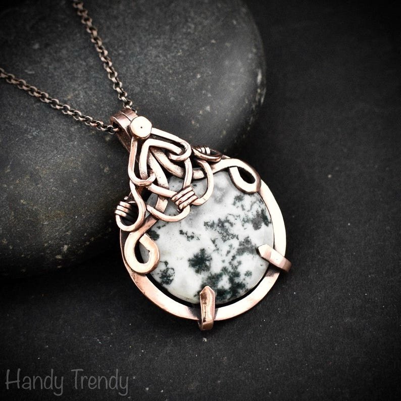 Moss agate pendant, Copper wire wrapped free-flow necklace, Unique handmade gift, Artisan necklace, Green and white mix necklace