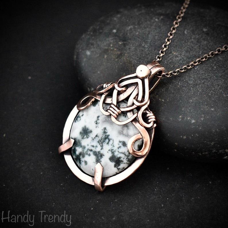 Moss agate pendant, Copper wire wrapped free-flow necklace, Unique handmade gift, Artisan necklace, Green and white mix necklace