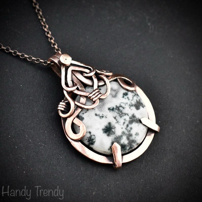 Moss agate pendant, Copper wire wrapped free-flow necklace, Unique handmade gift, Artisan necklace, Green and white mix necklace