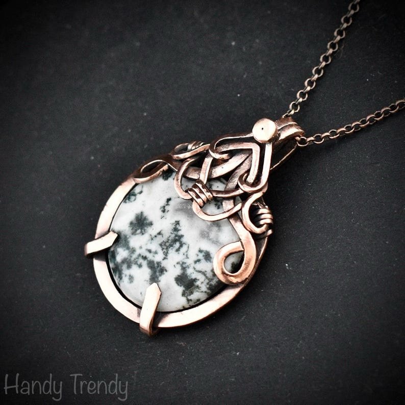 Moss agate pendant, Copper wire wrapped free-flow necklace, Unique handmade gift, Artisan necklace, Green and white mix necklace