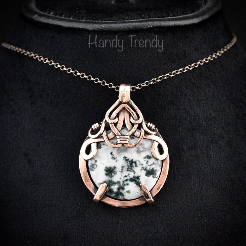 Moss agate pendant, Copper wire wrapped free-flow necklace, Unique handmade gift, Artisan necklace, Green and white mix necklace