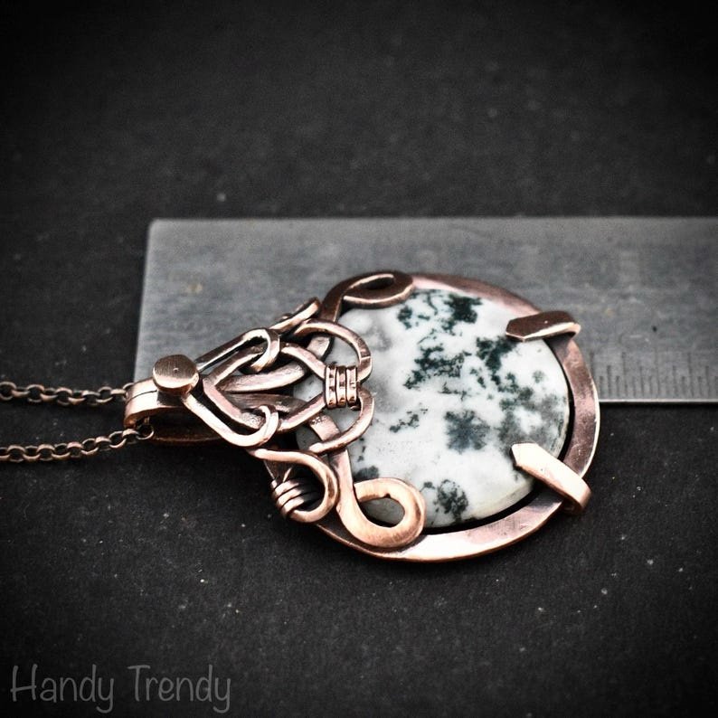 Moss agate pendant, Copper wire wrapped free-flow necklace, Unique handmade gift, Artisan necklace, Green and white mix necklace