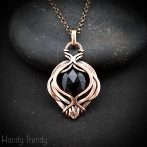 Black onyx pendant, Free-Flow copper wire wrapped necklace, Unique handmade gift, One of a kind artisan boho jewelry, Small pendant