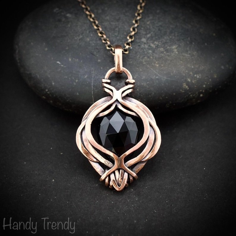Black onyx pendant, Free-Flow copper wire wrapped necklace, Unique handmade gift, One of a kind artisan boho jewelry, Small pendant