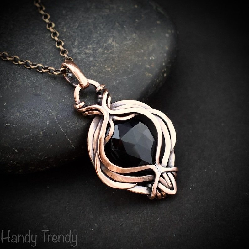 Black onyx pendant, Free-Flow copper wire wrapped necklace, Unique handmade gift, One of a kind artisan boho jewelry, Small pendant