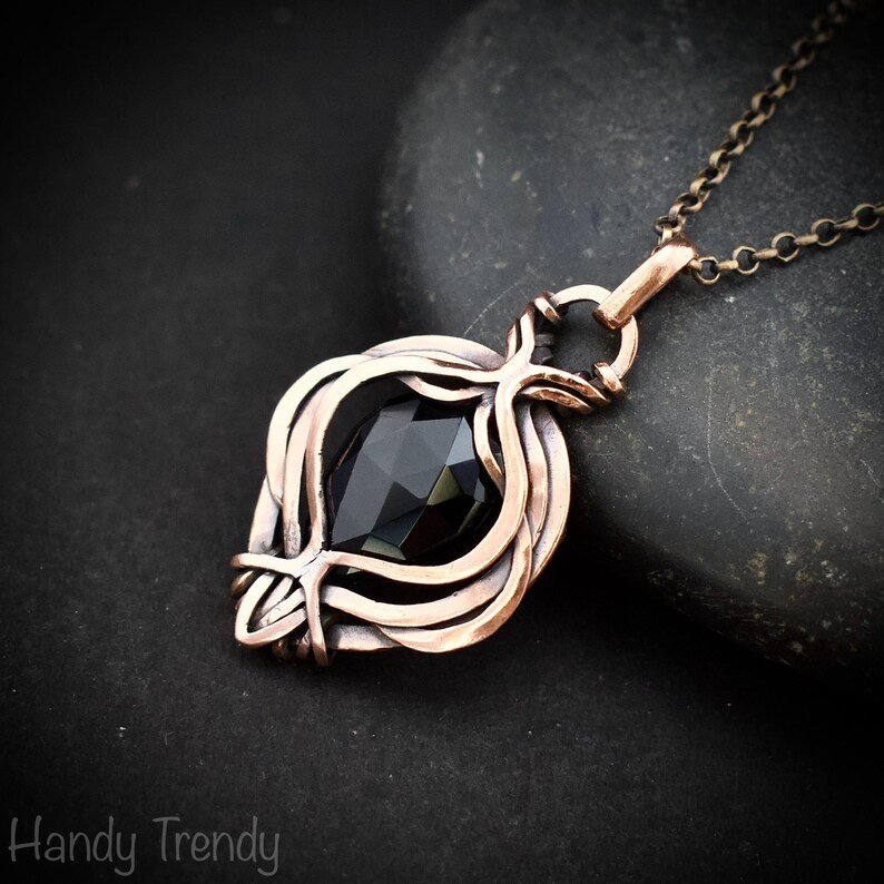 Black onyx pendant, Free-Flow copper wire wrapped necklace, Unique handmade gift, One of a kind artisan boho jewelry, Small pendant