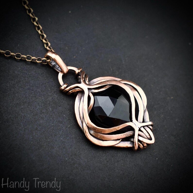Black onyx pendant, Free-Flow copper wire wrapped necklace, Unique handmade gift, One of a kind artisan boho jewelry, Small pendant