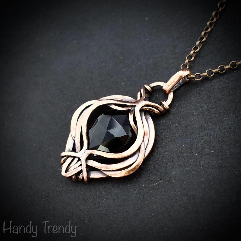 Black onyx pendant, Free-Flow copper wire wrapped necklace, Unique handmade gift, One of a kind artisan boho jewelry, Small pendant