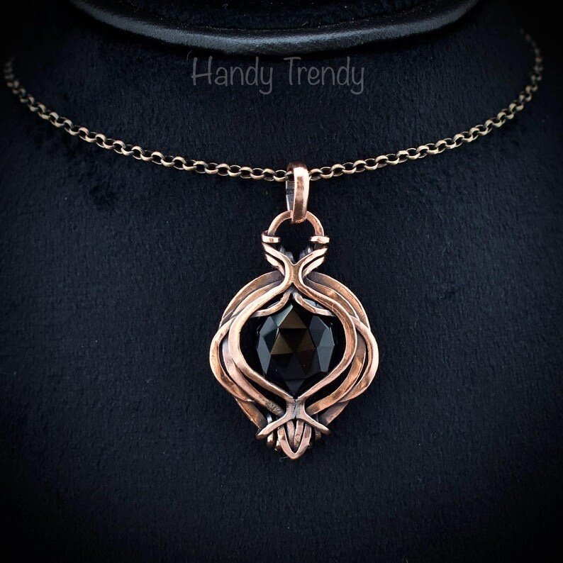 Black onyx pendant, Free-Flow copper wire wrapped necklace, Unique handmade gift, One of a kind artisan boho jewelry, Small pendant