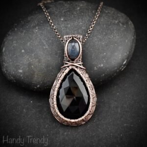 Black onyx and blue labdradorite pendant, Copper wire wrapped necklace, Unique handmade gift, One of a kind artisan boho jewelry