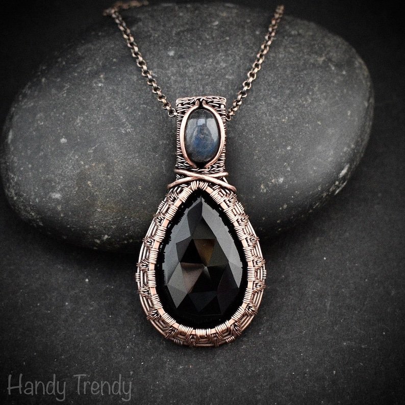 Black onyx and blue labdradorite pendant, Copper wire wrapped necklace, Unique handmade gift, One of a kind artisan boho jewelry