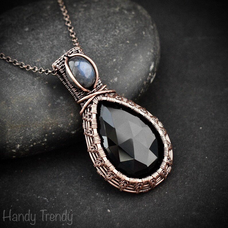 Black onyx and blue labdradorite pendant, Copper wire wrapped necklace, Unique handmade gift, One of a kind artisan boho jewelry