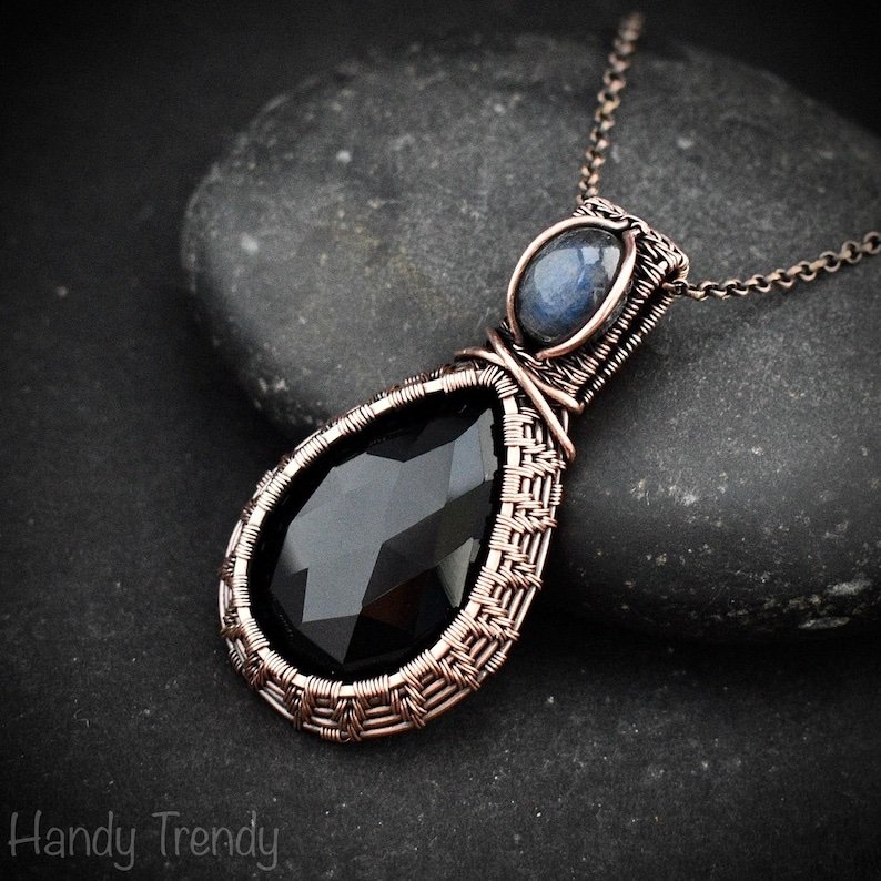 Black onyx and blue labdradorite pendant, Copper wire wrapped necklace, Unique handmade gift, One of a kind artisan boho jewelry