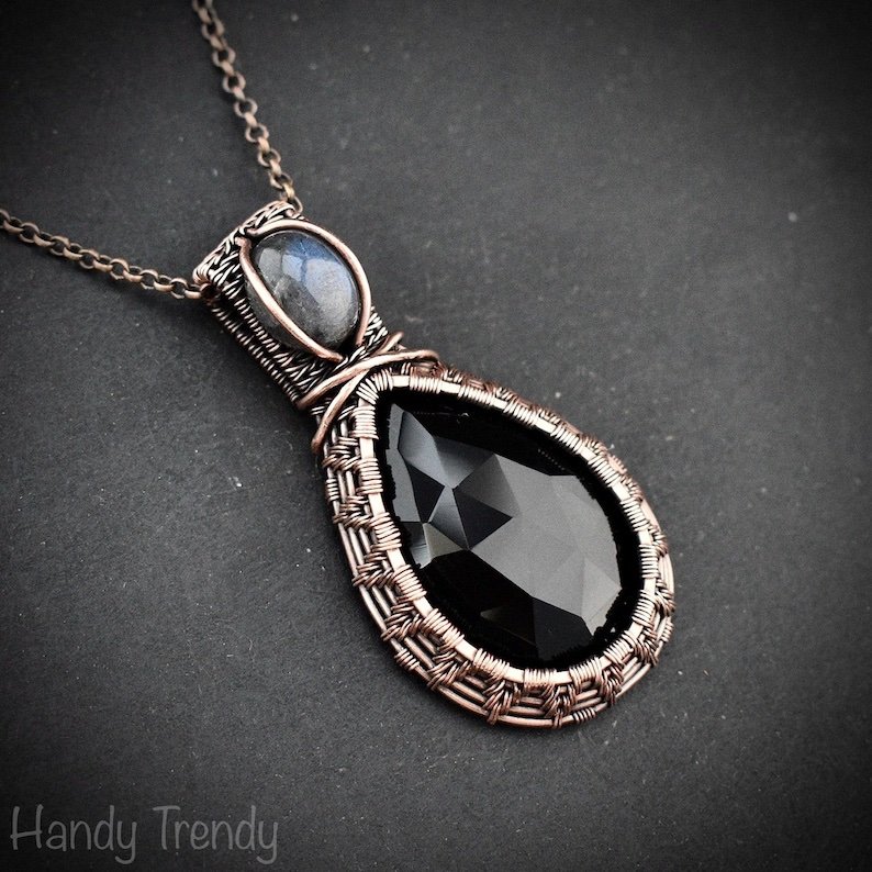 Black onyx and blue labdradorite pendant, Copper wire wrapped necklace, Unique handmade gift, One of a kind artisan boho jewelry