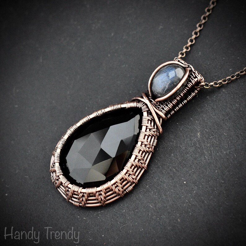 Black onyx and blue labdradorite pendant, Copper wire wrapped necklace, Unique handmade gift, One of a kind artisan boho jewelry