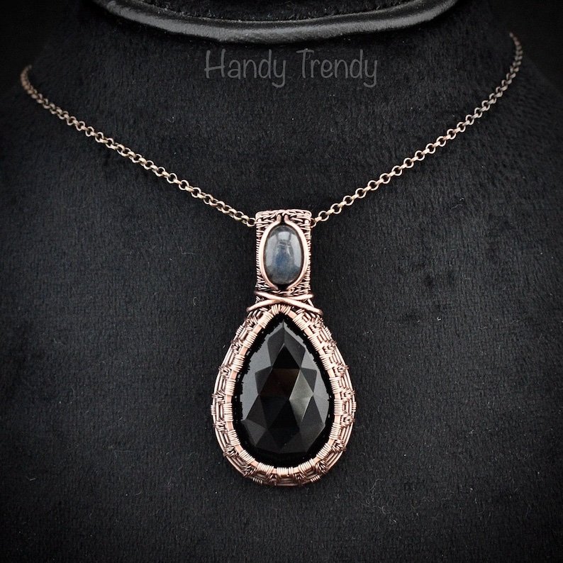 Black onyx and blue labdradorite pendant, Copper wire wrapped necklace, Unique handmade gift, One of a kind artisan boho jewelry