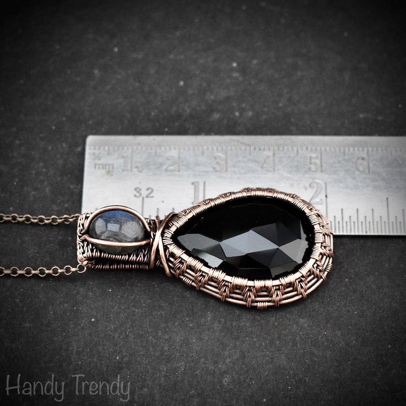 Black onyx and blue labdradorite pendant, Copper wire wrapped necklace, Unique handmade gift, One of a kind artisan boho jewelry