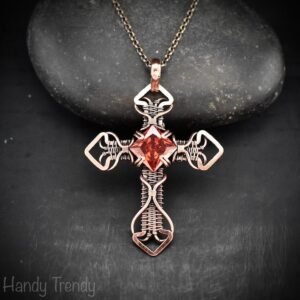 Cross pendant, Red cubic zirconia and copper wire wrapped necklace, Unique handmade gift, Spiritual jewelry, one of a kind piece