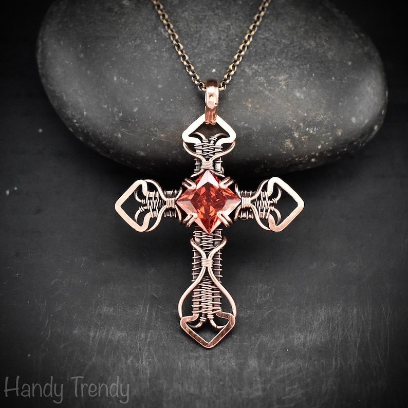 Cross pendant, Red cubic zirconia and copper wire wrapped necklace, Unique handmade gift, Spiritual jewelry, one of a kind piece