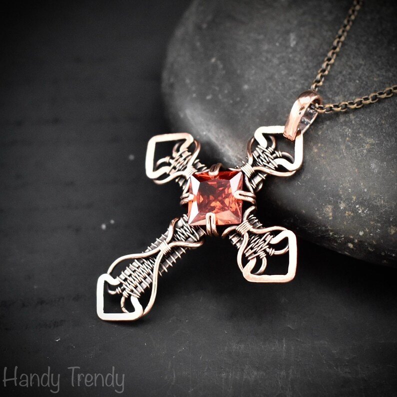 Cross pendant, Red cubic zirconia and copper wire wrapped necklace, Unique handmade gift, Spiritual jewelry, one of a kind piece