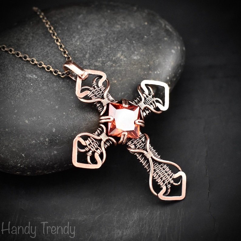 Cross pendant, Red cubic zirconia and copper wire wrapped necklace, Unique handmade gift, Spiritual jewelry, one of a kind piece