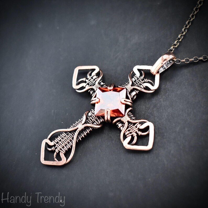 Cross pendant, Red cubic zirconia and copper wire wrapped necklace, Unique handmade gift, Spiritual jewelry, one of a kind piece