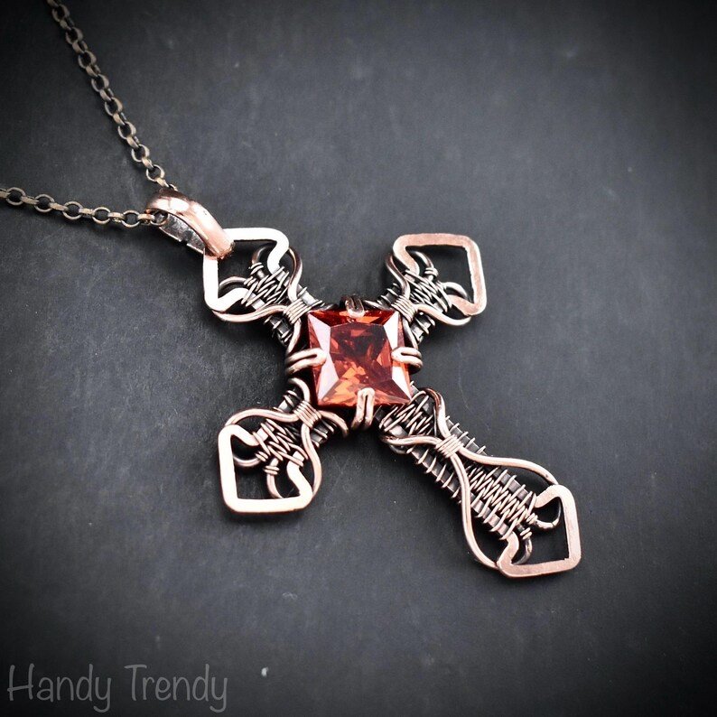 Cross pendant, Red cubic zirconia and copper wire wrapped necklace, Unique handmade gift, Spiritual jewelry, one of a kind piece