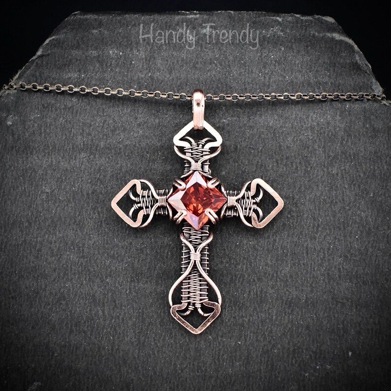 Cross pendant, Red cubic zirconia and copper wire wrapped necklace, Unique handmade gift, Spiritual jewelry, one of a kind piece