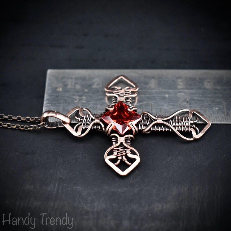 Cross pendant, Red cubic zirconia and copper wire wrapped necklace, Unique handmade gift, Spiritual jewelry, one of a kind piece