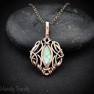 Green labradorite pendant, Free flow copper Wire wrapped necklace, Unique handmade gift, One of a kind jewelry, Celtic necklace