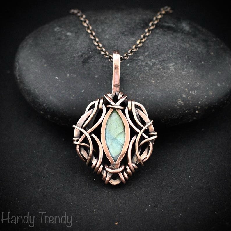 Green labradorite pendant, Free flow copper Wire wrapped necklace, Unique handmade gift, One of a kind jewelry, Celtic necklace