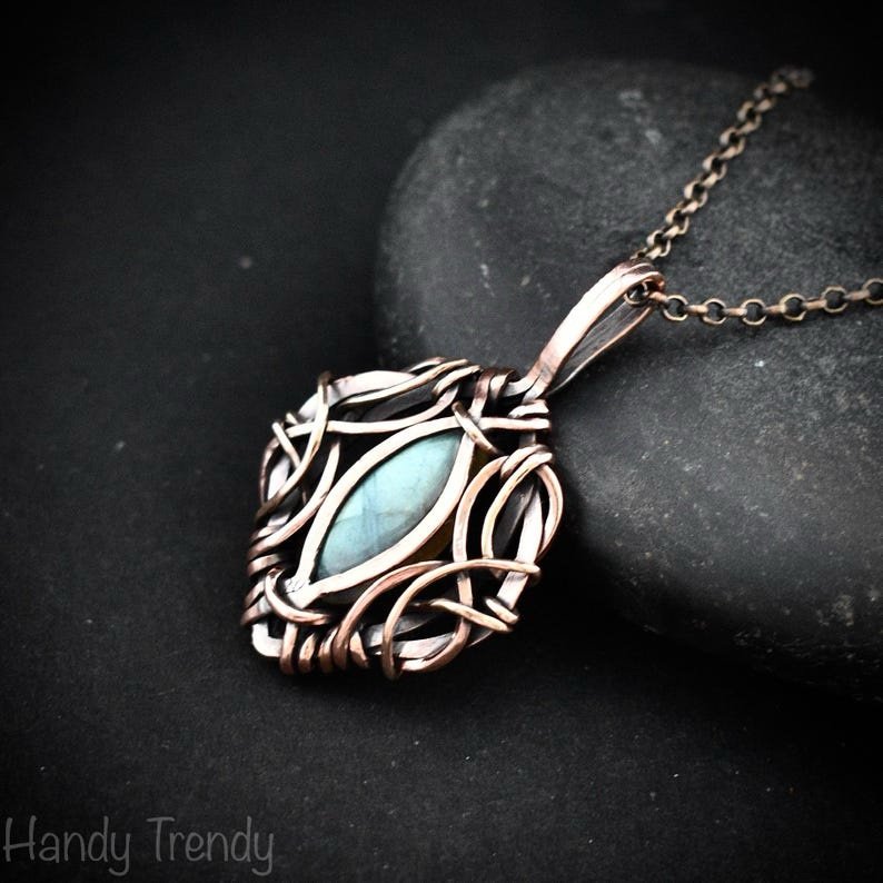 Green labradorite pendant, Free flow copper Wire wrapped necklace, Unique handmade gift, One of a kind jewelry, Celtic necklace