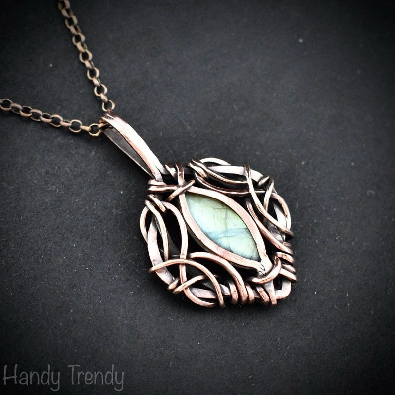 Green labradorite pendant, Free flow copper Wire wrapped necklace, Unique handmade gift, One of a kind jewelry, Celtic necklace
