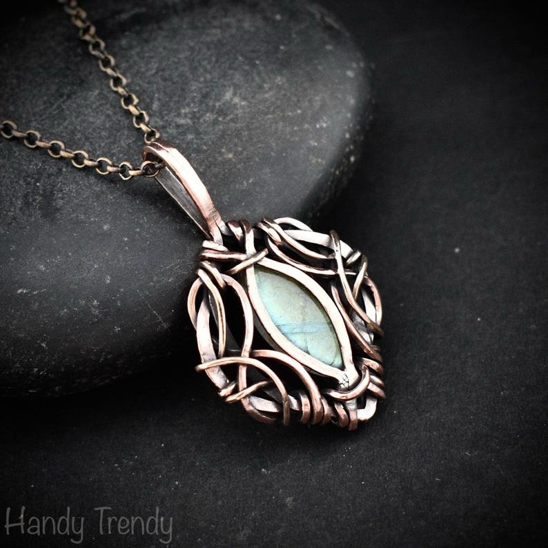 Green labradorite pendant, Free flow copper Wire wrapped necklace, Unique handmade gift, One of a kind jewelry, Celtic necklace