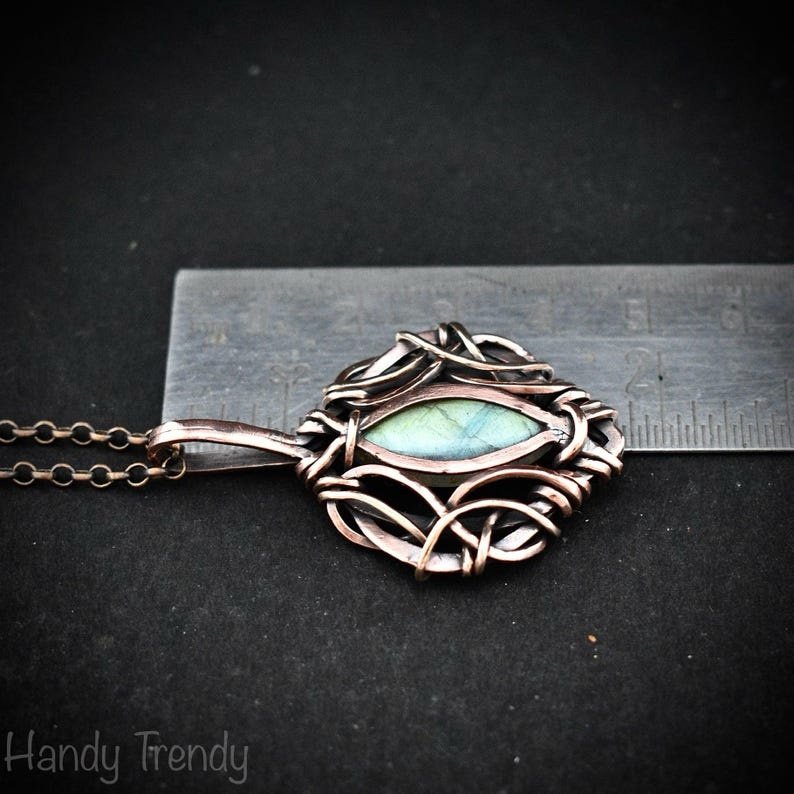 Green labradorite pendant, Free flow copper Wire wrapped necklace, Unique handmade gift, One of a kind jewelry, Celtic necklace