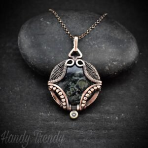 Kambaba jasper necklace, Wavy prong pendant, Copper wire wrapped jewelry, Unique handmade gift, One of a kind artisan boho style