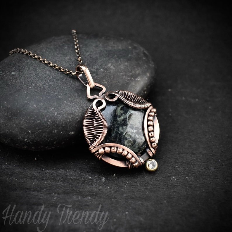 Kambaba jasper necklace, Wavy prong pendant, Copper wire wrapped jewelry, Unique handmade gift, One of a kind artisan boho style