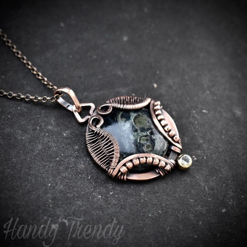 Kambaba jasper necklace, Wavy prong pendant, Copper wire wrapped jewelry, Unique handmade gift, One of a kind artisan boho style