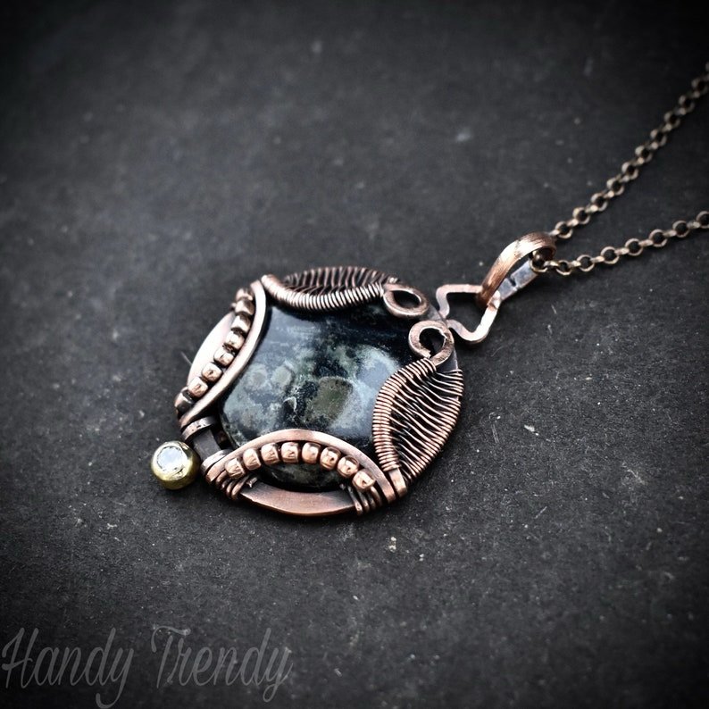 Kambaba jasper necklace, Wavy prong pendant, Copper wire wrapped jewelry, Unique handmade gift, One of a kind artisan boho style
