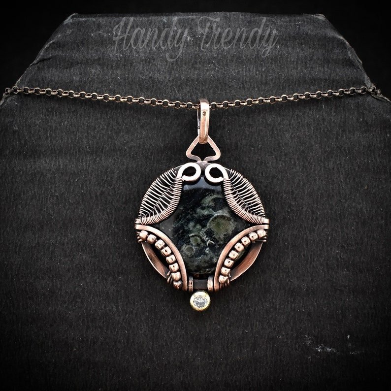 Kambaba jasper necklace, Wavy prong pendant, Copper wire wrapped jewelry, Unique handmade gift, One of a kind artisan boho style